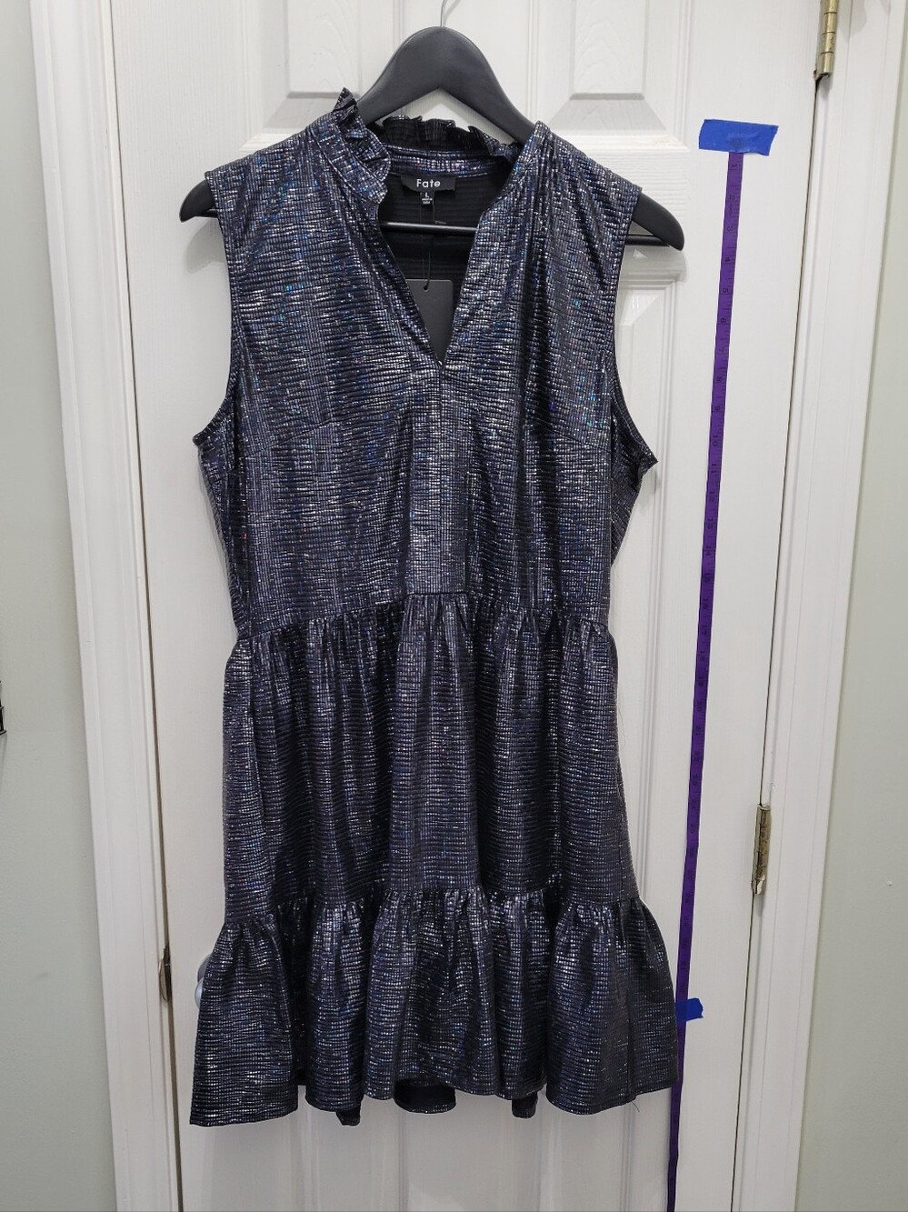 Fate Shimmery Hologram Black and Navy V-Neck Ruffle Mini Dress